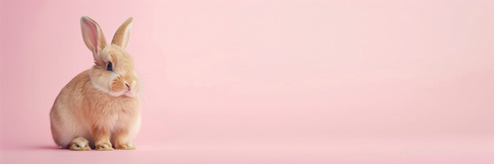 Fototapeta premium A banner with a picture of a cute rabbit. Pink background. Copy space.