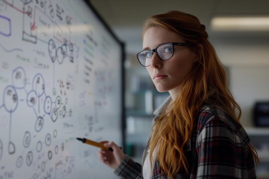 Portrait of female mathematician standing by a whiteboard with a marker in hand, writing mathematical equations, formulas, calculations. Research and education in science for women. STEM girl concept.
