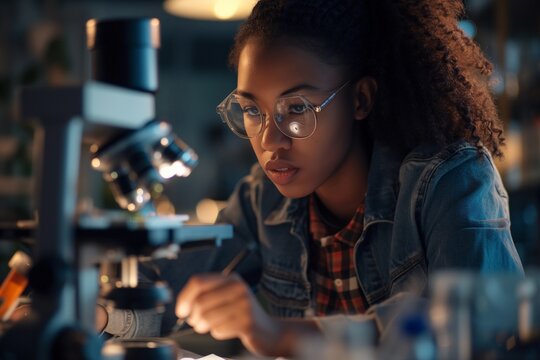 Portrait of a young female scientist working in a laboratory with a microscope. Research, innovations, education in science for women. Girls in STEM concept. 