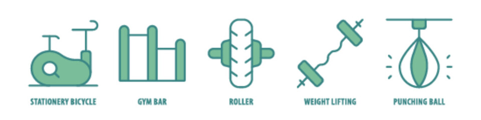 Punching Ball, Weight lifting, Roller, Gym Bar, Stationary bicycle editable stroke outline icons set isolated on white background flat vector illustration.