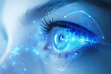 A beautiful close-up of a woman's eye and a neon constellation, the concept of prediction, and the study of astrology. AI generative
