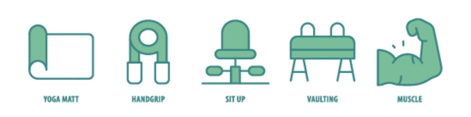 Muscle, Vaulting, Sit-up, Handgrip, Yoga Mat editable stroke outline icons set isolated on white background flat vector illustration.