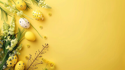 easter eggs and flowers on yellow background  with copy space area 