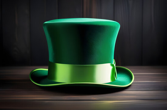 Vintage green top hat with green ribbon on wooden background. St. Patrick's Day concept