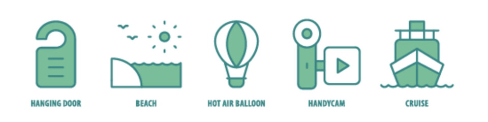 Cruise, Handycam, Hot Air Balloon, Beach, Hanging Door editable stroke outline icons set isolated on white background flat vector illustration.