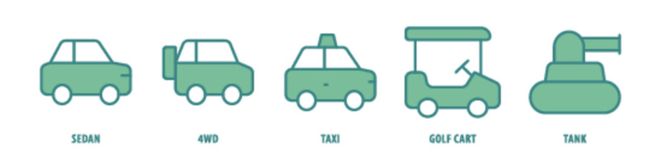 Tank, Golf Cart, Taxi, 4WD, Sedan editable stroke outline icons set isolated on white background flat vector illustration.