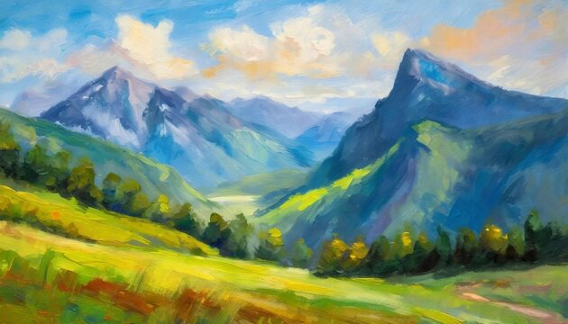 Beautiful summer or spring scenery with mountains. Natural landscape. Oil painting