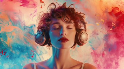 A woman with headphones is immersed in music, surrounded by vibrant neon colors and abstract...