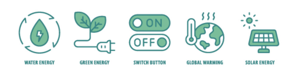 Solar Energy, Global Warming, Switch button, Green Energy, Water Energy editable stroke outline icons set isolated on white background flat vector illustration.