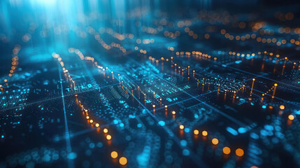 Fototapeta premium The bustling city's electric pulse comes to life at night, captured in a blurred screenshot of a circuit board, a perfect representation of our modern society's reliance on technology