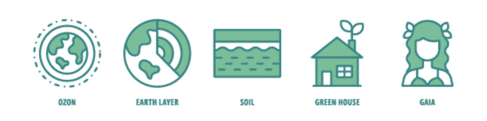 Gaia, Green House, Soil, Earth Layer, Ozone editable stroke outline icons set isolated on white background flat vector illustration.