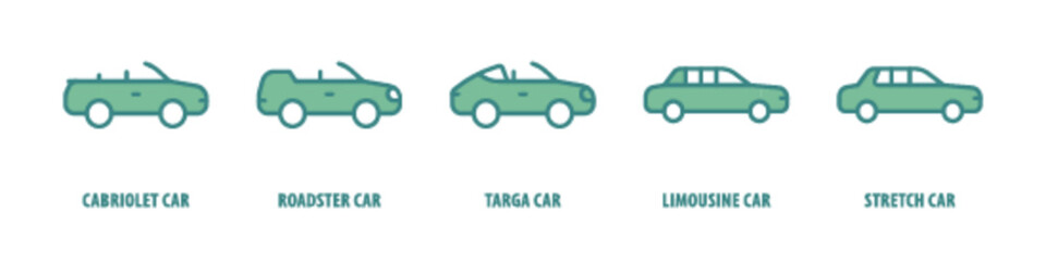 Stretch car, Limousine car, Targa car, Roadster car, Cabriolet car editable stroke outline icons set isolated on white background flat vector illustration.
