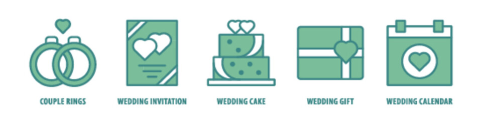 Wedding Calendar, Wedding Gift, Wedding Cake, Wedding Invitation, Couple Rings editable stroke outline icons set isolated on white background flat vector illustration.