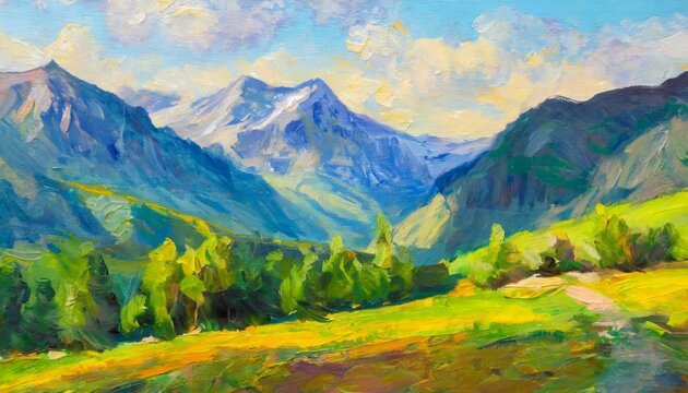 Beautiful summer or spring scenery with mountains. Natural landscape. Oil painting