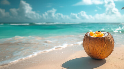 a coconut on a sandy Caribbean beach