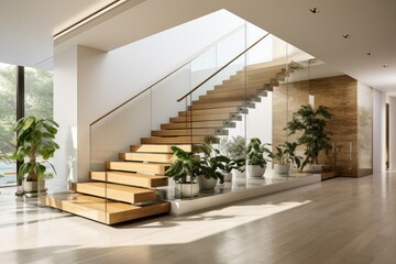 A modern house staircase surrounded by potted plants, creating an inviting and green atmosphere.