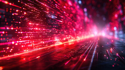 Fototapeta premium A mesmerizing display of vibrant magenta lasers illuminating the dark night sky, resembling a breathtaking blend of fireworks and the soft glow of a red light on a sleek black surface