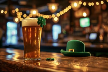 Glass of delicious beer on bar counter with green leprechaun hat, st. patrick's day celebration	
 - obrazy, fototapety, plakaty