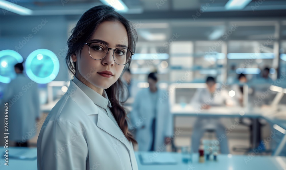 Poster a female scientist with glasses stands confidently in a high-tech lab environment with colleagues wo