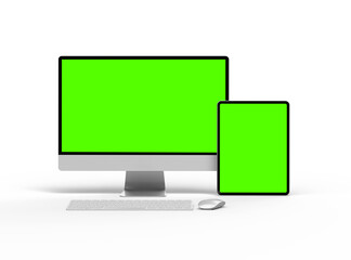 3D Render of desktop and tablet with green screens on a transparent background.