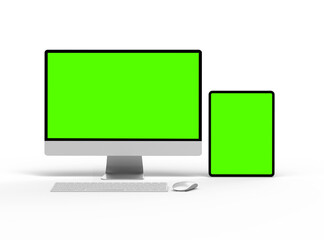 3D Render of desktop and tablet with green screens on a transparent background.