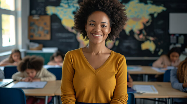 confident and smiling young female teacher is standing in a classroom