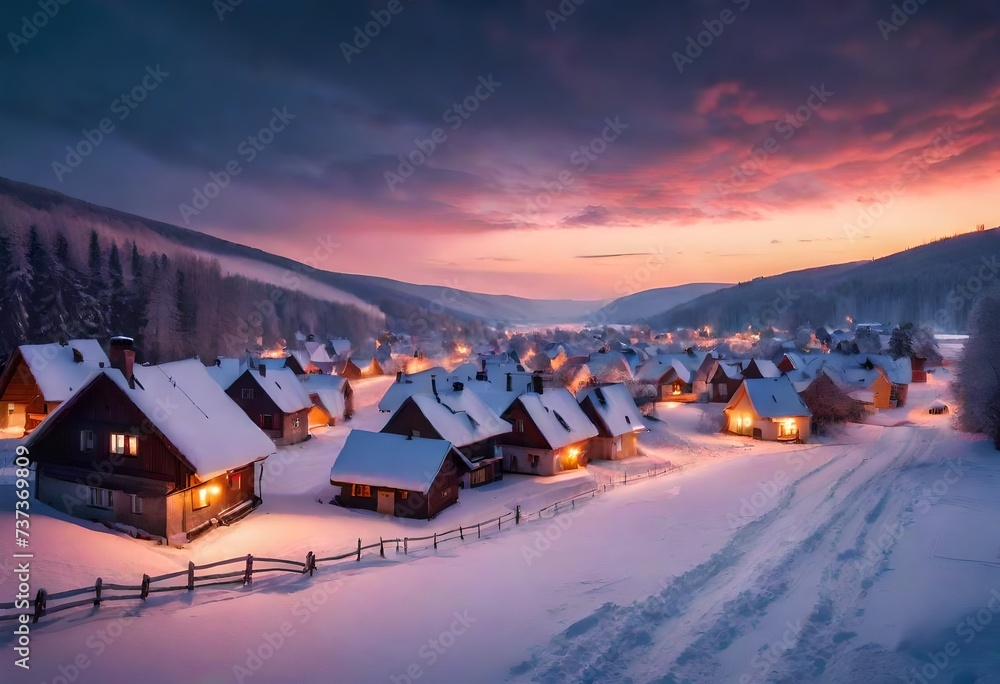 Poster winter sunset in the mountains