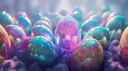 Holographic shimmer,  painted easter eggs, copy space in center, flat lay, minimal concept, insanely detailed, studio lighting, photographed by art director - obrazy, fototapety, plakaty
