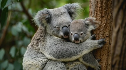 a baby koala cuddles on the back of an adult koala in a tree in a forest.