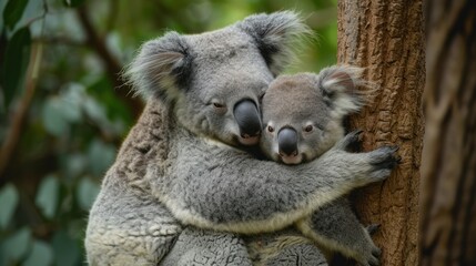 Obraz premium a baby koala cuddles on the back of an adult koala in a tree in a forest.