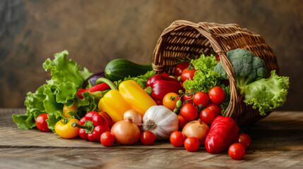 variety of fresh vegetables spilling out of an overturned wicker basket onto a rustic wooden surface.