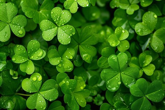 Green clovers close up for st patrick's day celebration on blurred green bright background	
