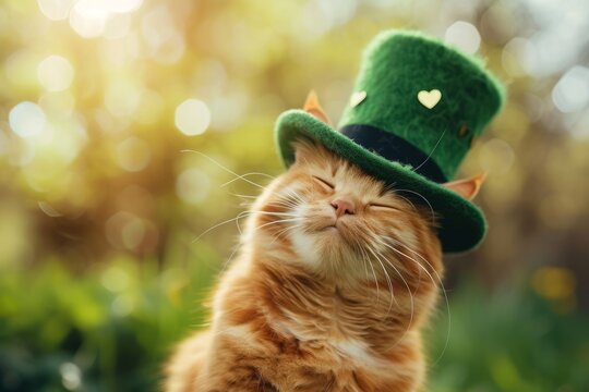 Close up portrait of a ginger cat wearing a green leprechaun hat in a St. Patrick's Day costume, banner with copyspace	
