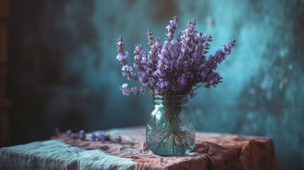 a glass jar filled with purple flowers sitting on top of a table next to a piece of cloth on top of a table cloth. - obrazy, fototapety, plakaty