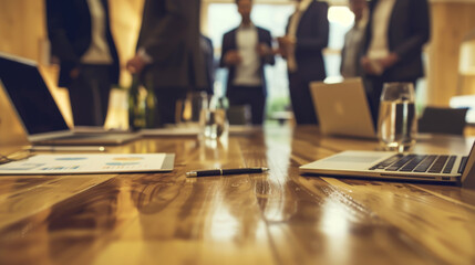 focus on a meeting room table with laptops, smartphones, a water bottle, and a plant, with a group of blurred business professionals standing in the background.