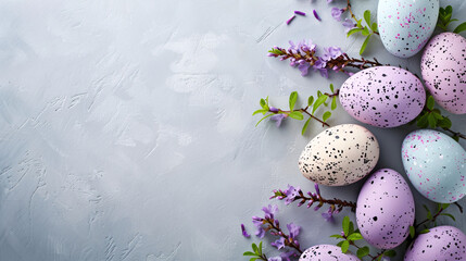 Obraz na płótnie Canvas easter eggs and flowers on white background with copy space area