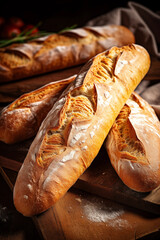 Fresh homemade bread, baguettes, bakery background. Baking