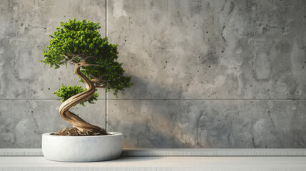 small tree with lush green leaves planted in a large white pot against a textured grey concrete wall.