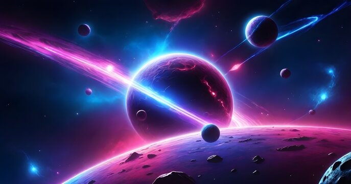 A vibrant space scene with a large planet featuring blue hues, surrounded by rings and smaller moons against a starry background with pink nebulas