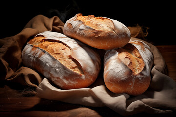 Fresh homemade bread, baguettes, bakery background. Baking
