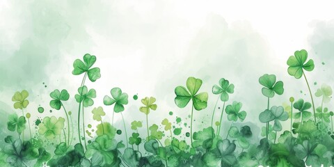 Watercolor green clover on a white background with copyspace, st patrick's day celebration concept in Ireland	 - obrazy, fototapety, plakaty