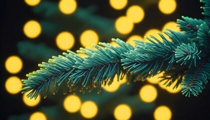 A close-up of a blue spruce branch with glistening dew drops against a bokeh background with yellow lights
