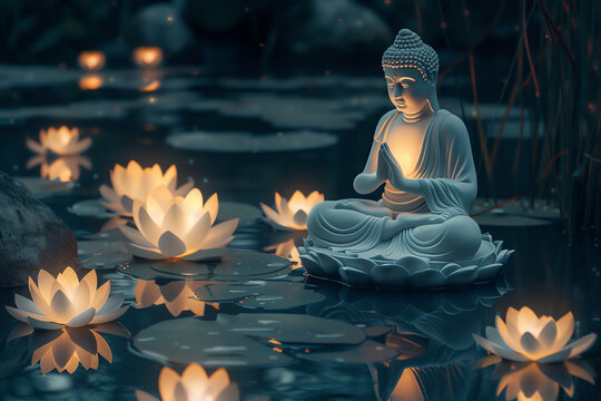 Buddha statue on a bassin in a garden, AI generated