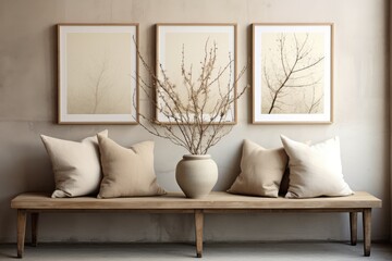 A wooden bench adorned with an assortment of various pillows in different colors and patterns, creating a comfortable seating area.