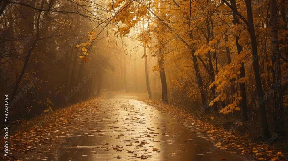 Poster a wet road in the middle of a forest with and trees with yellow.