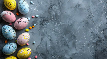 easter eggs and flowers on black background with copy space area