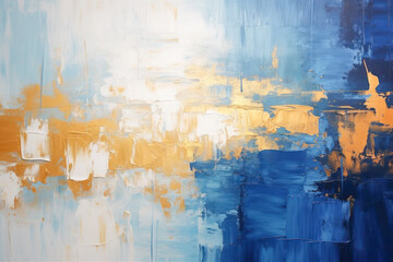Abstract background in blue, white and gold colors with visible paint and palette knife strokes.