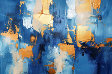 Abstract background in blue, white and gold colors with visible paint and palette knife strokes.