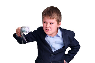 Pupil boy junior with a sly expression on his face and money in his hands, isolated on a white...