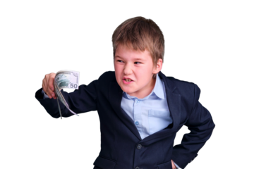 Pupil boy junior with a sly expression on his face and money in his hands, isolated on a white background